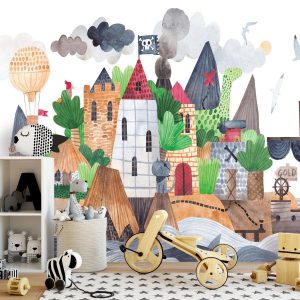 Fotobehang – A colourful treasure island with a castle – a pirate ship at sea for children